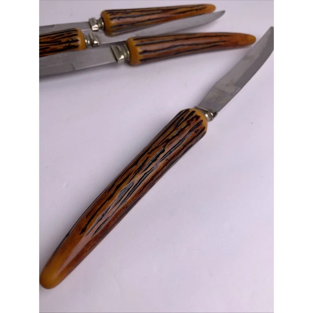 5 Vintage Steak Knives Stainless‎ Steel Blade Sheffield England Faux Antler